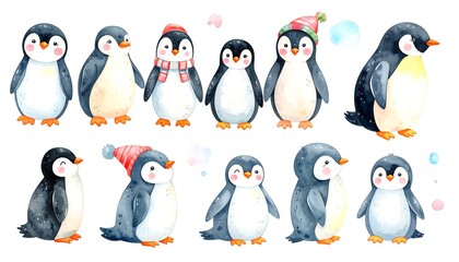 Watercolor Set of Cute Cartoon Penguins with Hats and Scarves