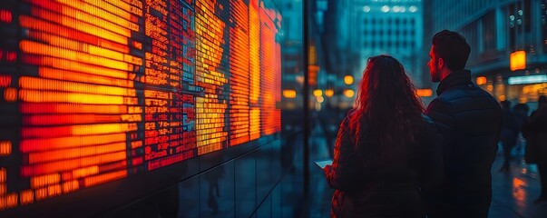 Business partners discuss investment profits with a giant ticker behind them