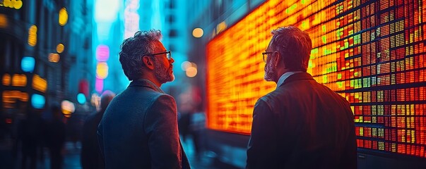 Business partners discussing investment profits with a ticker running behind them