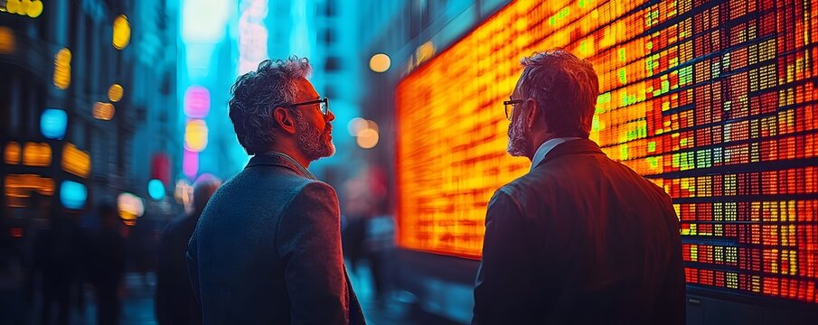 Business partners discussing investment profits with a ticker running behind them