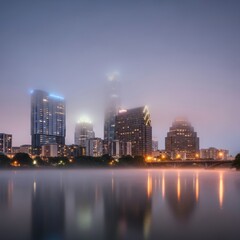 Obraz premium Cityscape reflection in calm waters under a hazy dawn light ambiance
