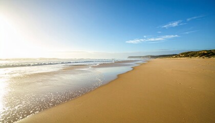 Fototapeta premium Sunny tranquil beach with golden sand and clear blue ocean waves under a bright sky