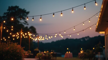 Naklejka premium A backyard movie night, string lights, cozy blankets, nostalgic summer evenings