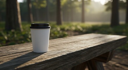 Coffee Cup on Wooden Bench in a Scenic Forest During Sunrise