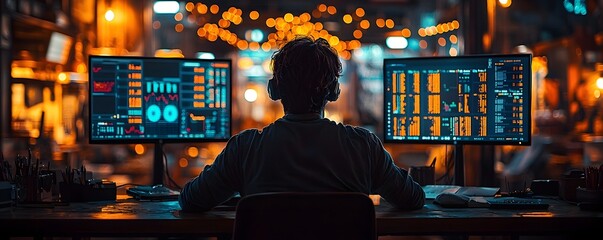 Professional trader analyzing financial data on multiple monitors in a dimly lit room