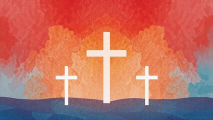 Easter background showcasing three white crosses set on a bright, multicolored watercolor sunrise