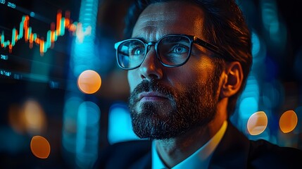 Confident businessman in front of financial data displays