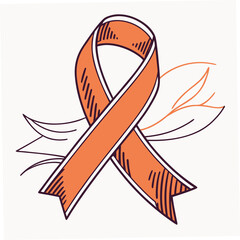 Hand drawn orange awareness ribbon with leaves isolated on white background to support a cause and show solidarity with those affected