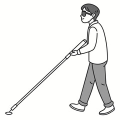 Illustration of a blind man walking with a white cane, isolated on white background, showcasing accessibility and independence for people with vision impairment