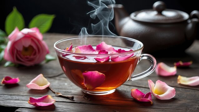 A floral tea brewed from rose petals presented in a transparent bowl