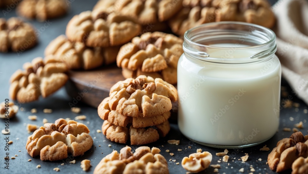 Poster savory walnut-inspired cookies with a container of boiled sweetened milk displayed on a surface