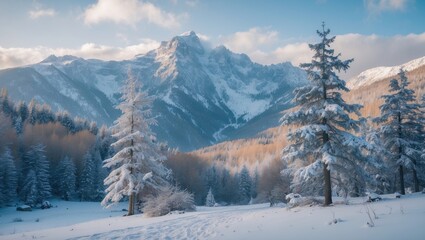 Snow-covered pine forest in a mountainous winter landscape