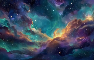 Fototapeta premium Cosmic Canvas A Stunning Nebula Painting Displaying Vibrant Colors and Sparkling Stars Evoking Wonder and Awe inspiring Visuals for Backgrounds and Creative Projects