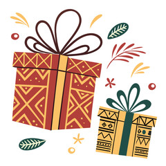 Two beautifully decorated kwanzaa gift boxes isolated on white background, adorned with vibrant patterns and festive embellishments