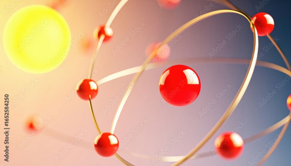 Poster abstract representation of an atom with orbiting electrons in vibrant colors.