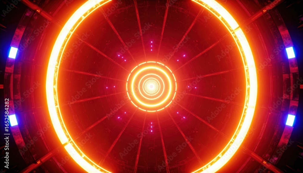 Poster abstract image featuring concentric glowing circles in red and orange tones with a futuristic design