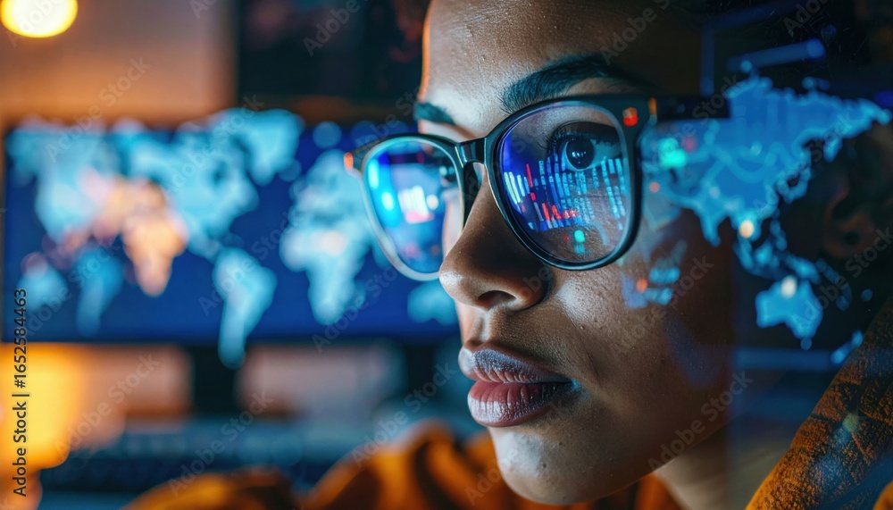 Poster person analyzing data on multiple screens with reflection of world maps in glasses.