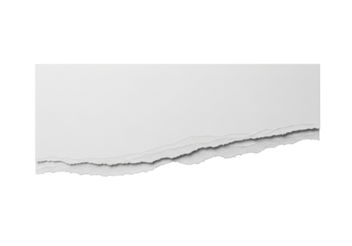 Rectangular white paper, unique tear from sharp to fibrous, showing intricate fibers, on a transparent background, perfect studio lighting, flat lay, isolated study of material texture