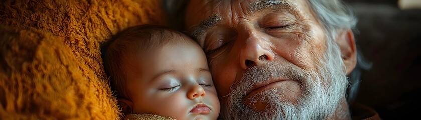 Senior man holding a sleeping baby with tenderness and care