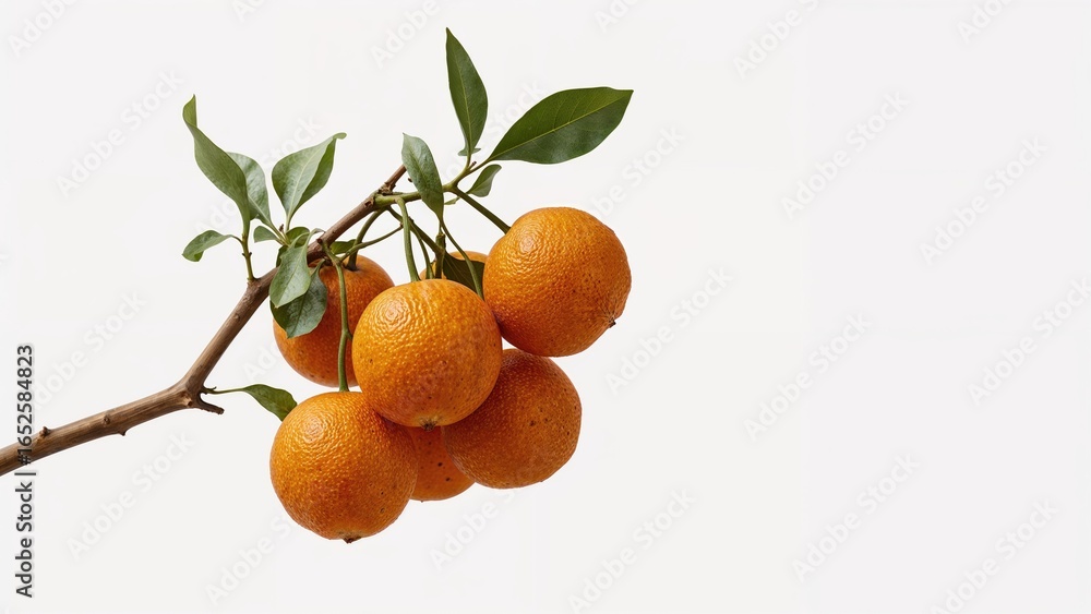 Aufkleber mandarins hanging from a tree limb against a plain white backdrop. fresh citrus produce attached to 