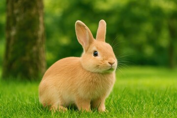 Fototapeta premium Brown rabbit lying in lush grass beside a tree trunk