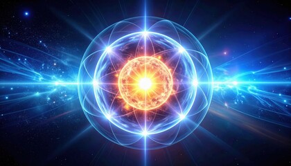 Naklejka premium A glowing, abstract depiction of an atom with vibrant energy lines and a radiant nucleus in a cosmic setting.