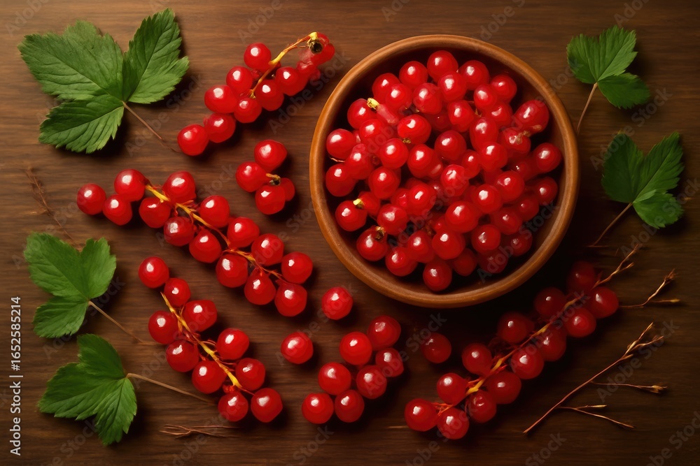 Poster bird's-eye view of numerous red berries spread across a dark wood table, complemented by surrounding