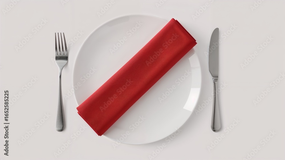 Poster overhead perspective of a table setting featuring a red cloth napkin alongside fork and knife, with 