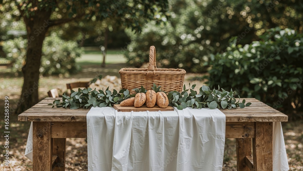 Poster empty spot beside a picnic table adorned with a tablecloth