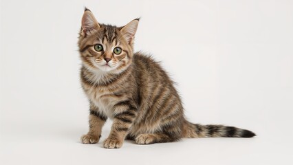 Tabby kitten positioned and peering into the distance over a white surface