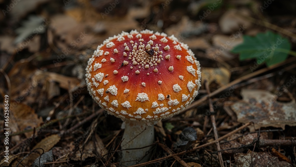 Poster intimate view of a red amanita muscaria mushroom emphasizing its colorful and textured appearance wi