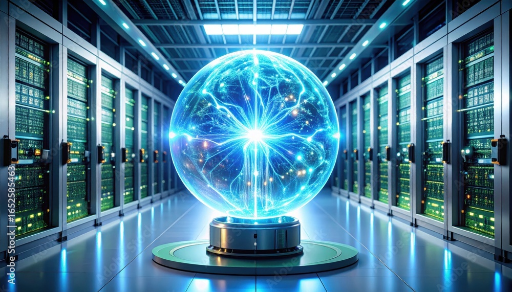 Aufkleber a glowing orb emits light in a high-tech server room, creating a futuristic and technological atmosp