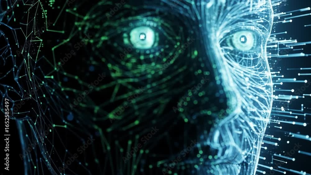 Aufkleber abstract artificial intelligence face with glowing eyes and digital network