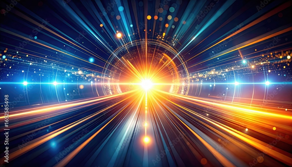 Poster an abstract digital artwork with vibrant beams of light radiating from a central point, creating a d