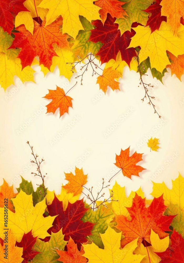 Poster autumnal maple leaf array with a blank space on a pale background