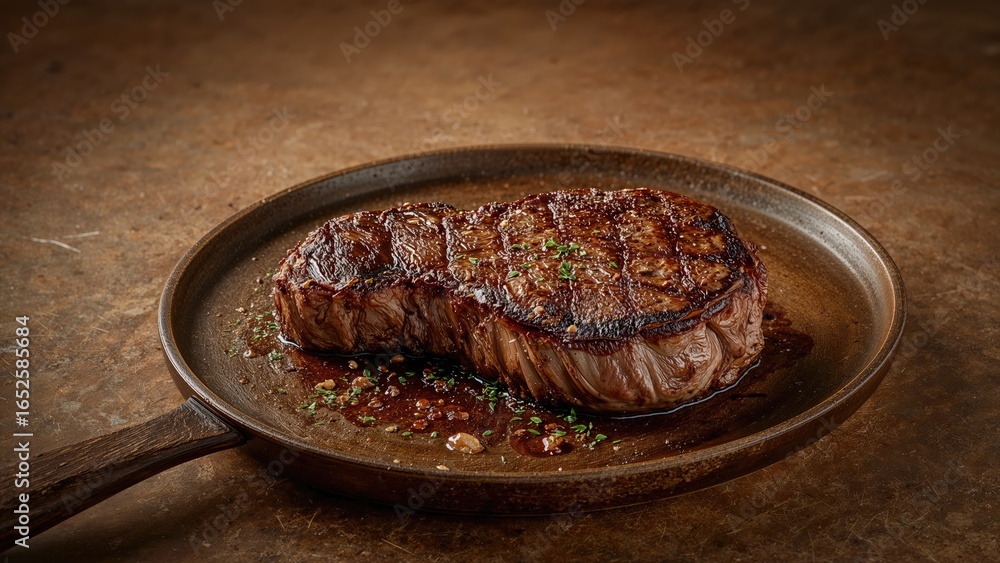 Poster t-bone beef steak displayed on a wooden serving tray with a textured base