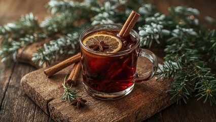 A cozy glass of heated spiced wine featuring lemon, apple, cinnamon, and anise placed on a wooden cutting board with evergreen sprigs