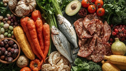 Well-rounded diet focusing on organic plant-based foods, fish, and meat, compatible with paleo and flexitarian choices.