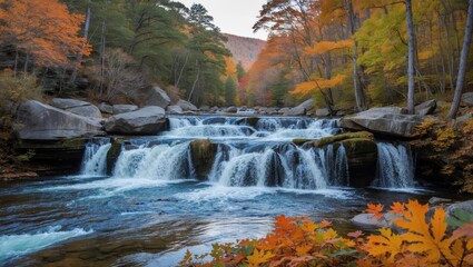Colorful Fall Scene at the Swift River Cascades in the White Mountain Range