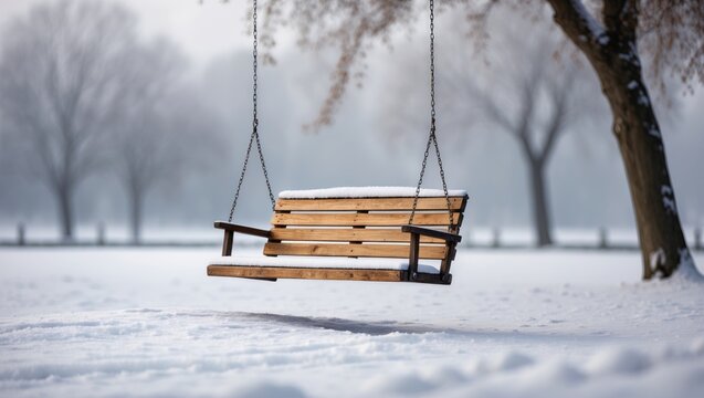 Winter landscape featuring swings blanketed in snow