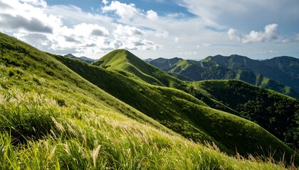 Obraz premium Lush mountain slopes under a partly cloudy sky