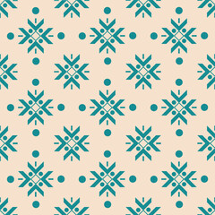 seamless pattern with snowflakes green on beige background.