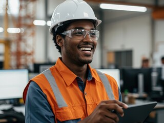 A smiling Black man in a white hard hat, safety glasses, and an orange vest holds a tablet in an industrial or office setting.