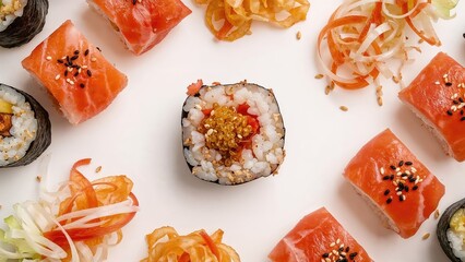 Japanese sushi roll called Red Dragon, topped with salmon and Tobiko caviar. Aerial perspective.