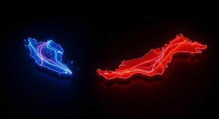 Fototapeta premium Glowing blue and red neon map of Malaysia on black background, celebrating Malaysia Independence Day with patriotic colors.