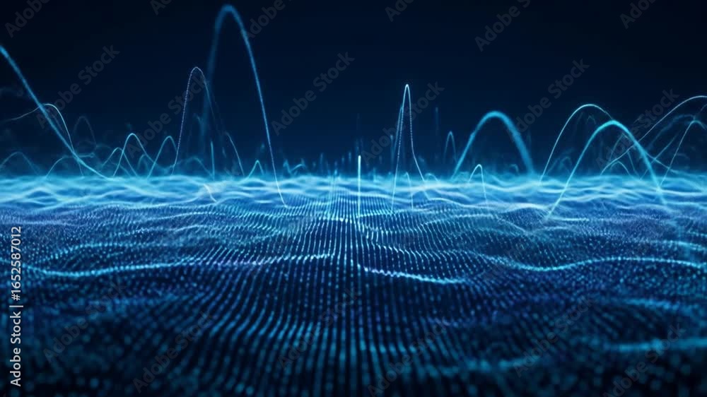 Poster abstract data wave flowing with light blue points and lines on dark blue background