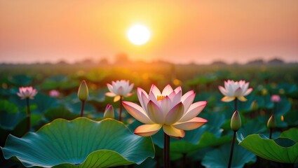 Morning glow illuminating a blooming lotus