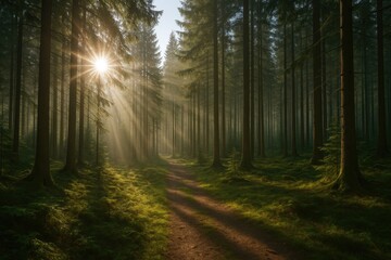 Fototapeta premium Bright rays shining in the woodland