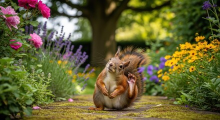 Playful squirrel scratching ear amidst colorful blooming garden scenery