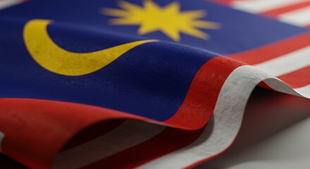 Close-up of Malaysian flag waving on a white surface for Malaysia Independence Day